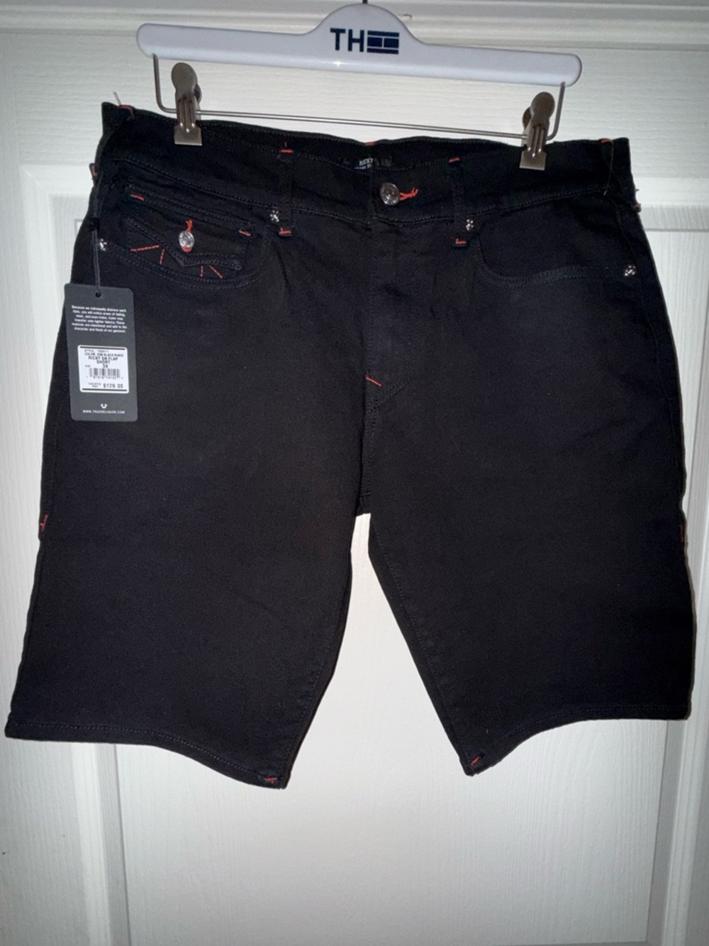 True Religion Men's Black Shorts with Red Contrast Stitching
